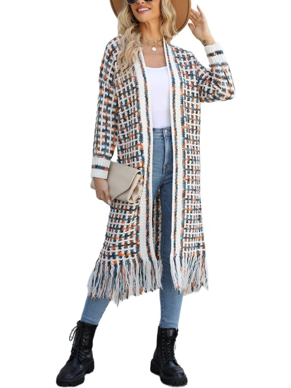 Womens Boho Cardigan Sweater Open Front Fringed Tassels Aztec Maxi Cardigan - Picture 7 of 8